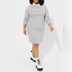 TORRID Mini Vegan Cashmere Mock Neck Sweater Dress | color Fair Isle Gray